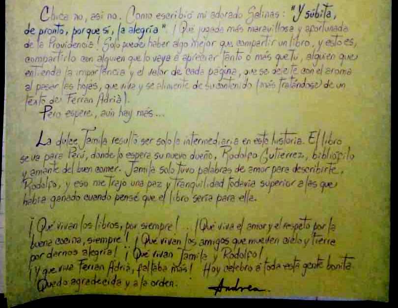 Un libro de Adriá fue vendido o cena epistolar con Andrea. Tercer capítulo